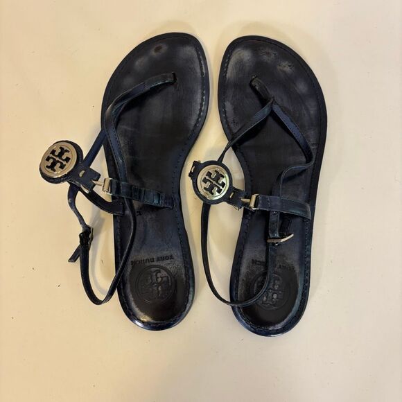 Tory Burch Blue Leather Sandals with Back Strap Size 9 - Picture 5 of 8